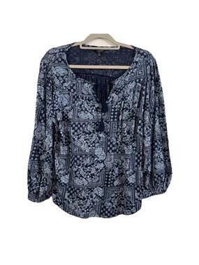 Lucky Brand Blue Paisley Peasant Top Small Tassel Tie Neck Balloon Sleeves Boho